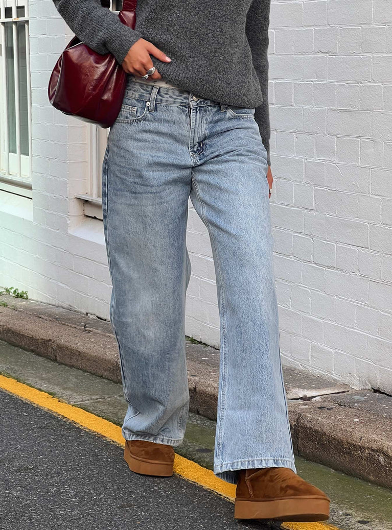 front view of model wearing Princess Polly Serenitia Mid Rise Relaxed Jeans Light Wash Mid Rise