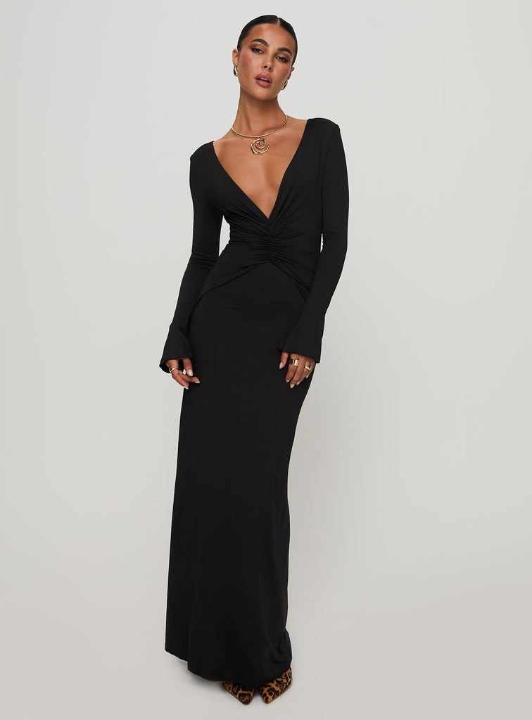 black long sleeve plunge dress Lezure Plunge Long Sleeve Maxi Dress Black