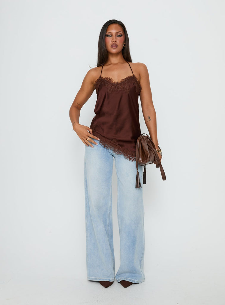 Cosetta Lace Trim Asysmmetrical Cami Top Chocolate | Princess Polly