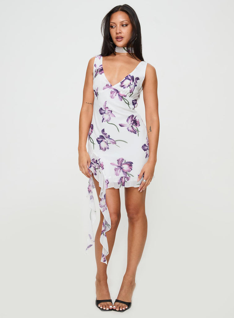 white and purple dress Varney Frill Mini Dress White / Purple Floral