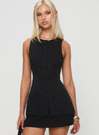 Vest top High neckline, button fastening, twin hip pockets, tie detail at back Non-stretch material, fully lined 