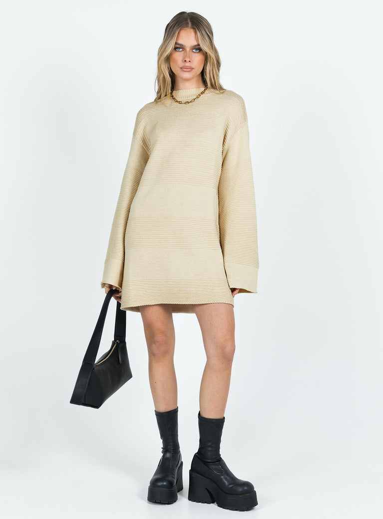 front view of model wearing Princess Polly Cheyenne Knit Sweater Dress Beige High Neck