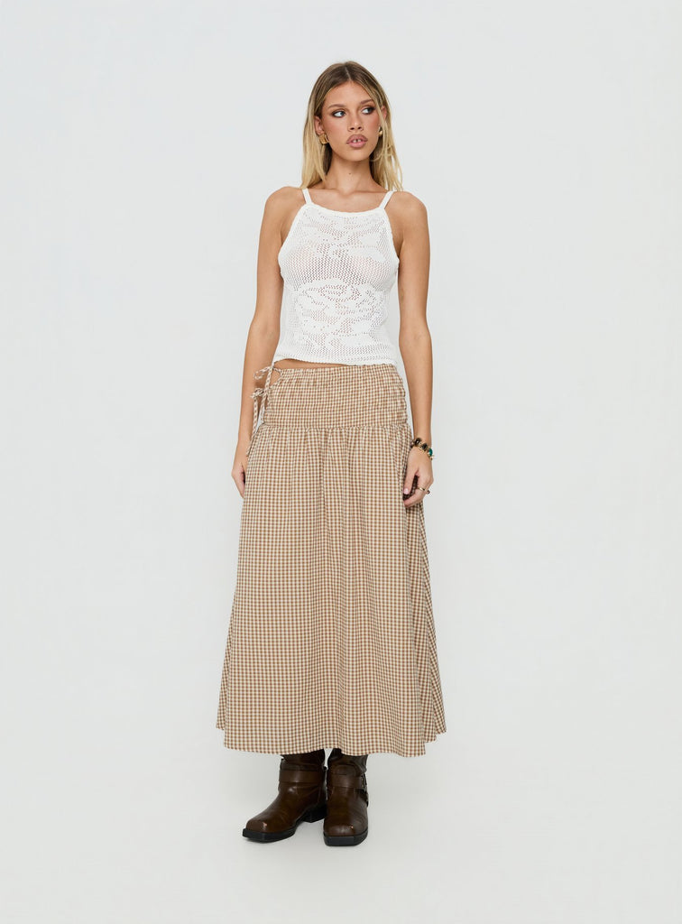 vence ruched maxi skirt Brown Gingham | Princess Polly