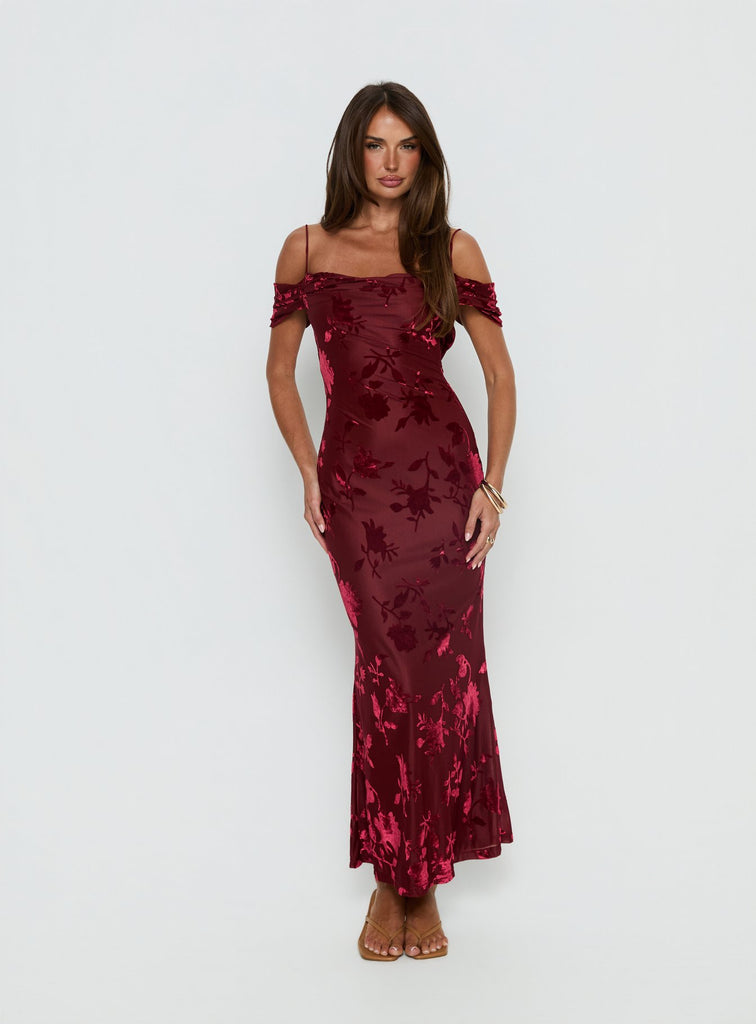 Green Gables Burnout Maxi Dress Burgundy | Princess Polly