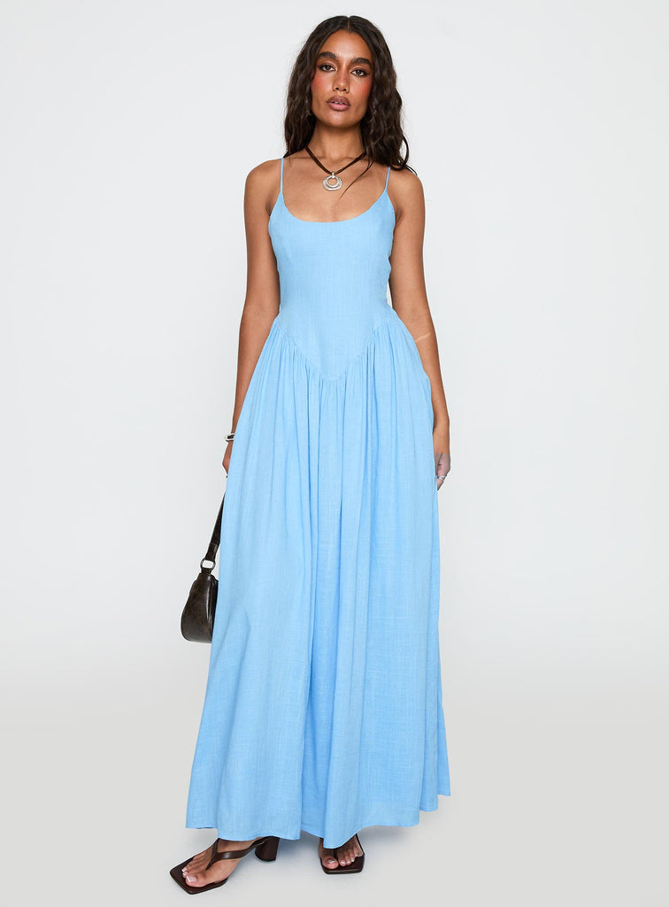 blue maxi dress sale Palisades Tie Up This classic blue satin Size:US 7 / EU 37 For Love & Lemons fabric:Crochet
