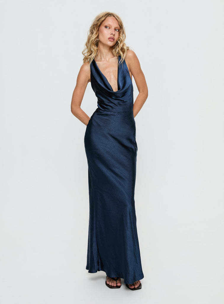 https://www.showpo.com/eu/cariela-plunge-neck-satin-maxi-dress-in-navy.html Aubrienna Cowl Neck Maxi Dress Navy