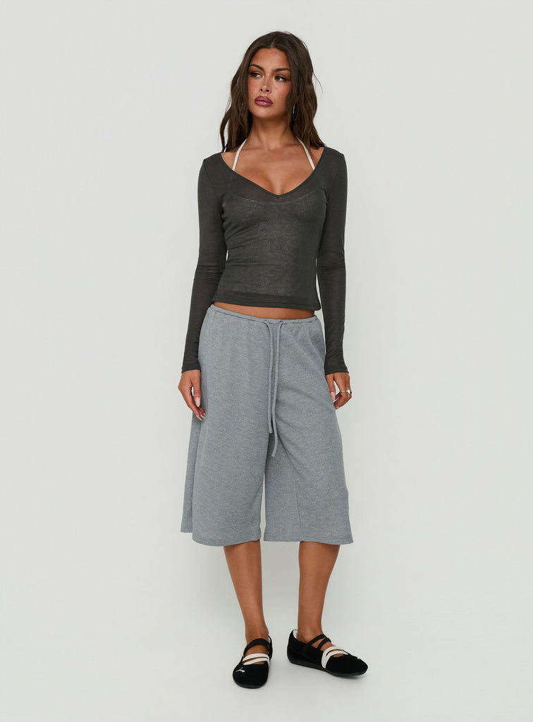 Kaiyah Sheer V Neck Long Sleeve Top Slate | Princess Polly