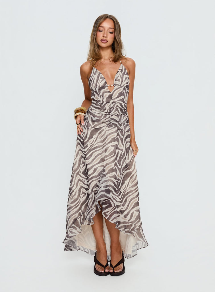 navy blue dress for baby girl Cowl Neck Asymmetric Hem Maxi Dress In Brown Deer Print | EGO US