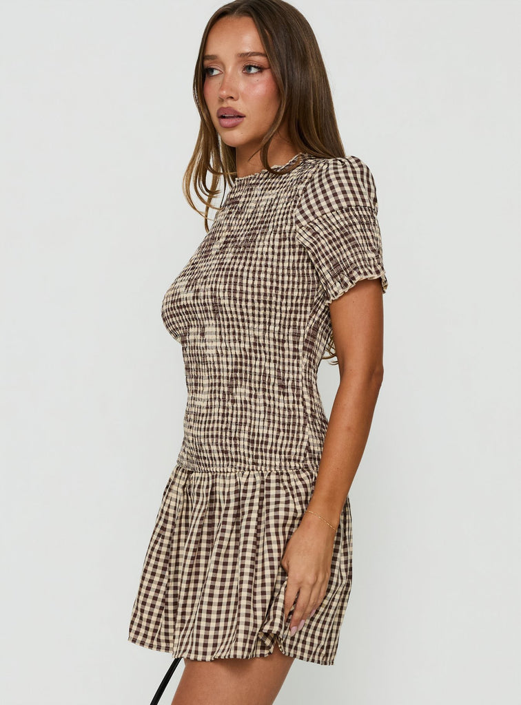 ワンピース Herlipto Checked Shirt Mini Dress brown Laurita Shirred Mini Dress Brown Check | Princess Polly