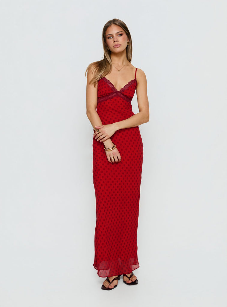 Adasia Lace V Neck Maxi Dress | Red Polka Dot | Womens
