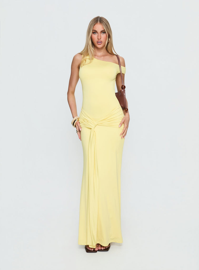 [Drape] OKUS イエロー　unico Get Lucky Drape One Shoulder Maxi Dress Lemon Yellow | Princess Polly