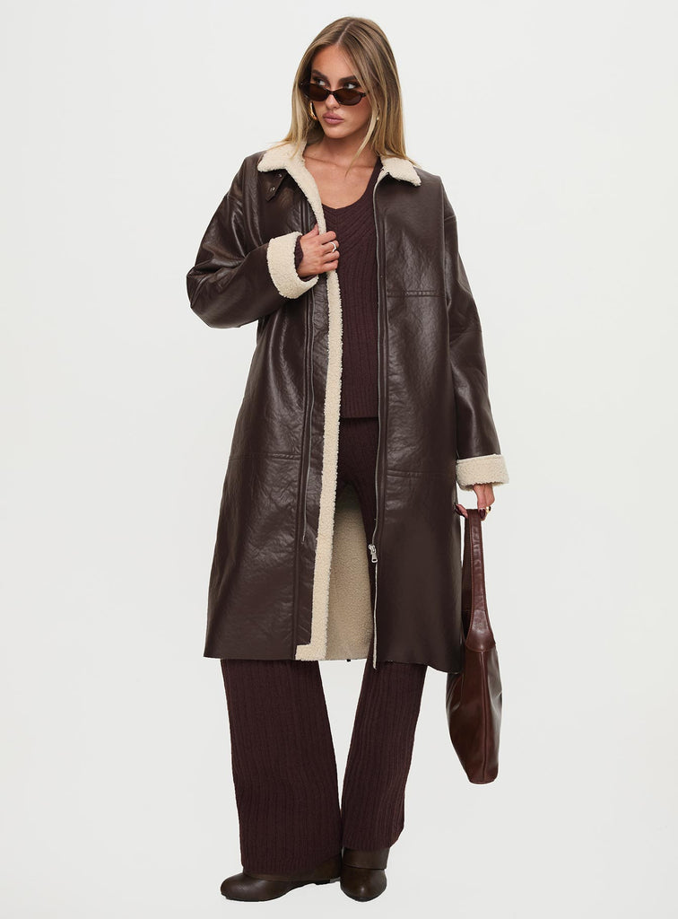 Ammelia Shearling Long-line Jacket Brown | Princess Polly
