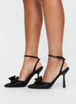 Satin heels Pointed toe, bow detail, stiletto heel, ankle strap with buckle fastening