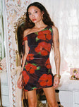 front view of model wearing Princess Polly Harmonie One Shoulder Mini Dress Brown / Red Asymmetric Neckline