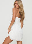 Strapless broderie anglaise mini dress Ruching throughout, inner silicone strip at bust, shirred band at back Non-stretch material, fully lined 