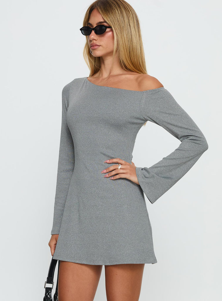 Plage 25AW Off shoulder slit ニット 3 グレー Adrietta Off Shoulder Knit Mini Dress Grey Marle | Princess Polly