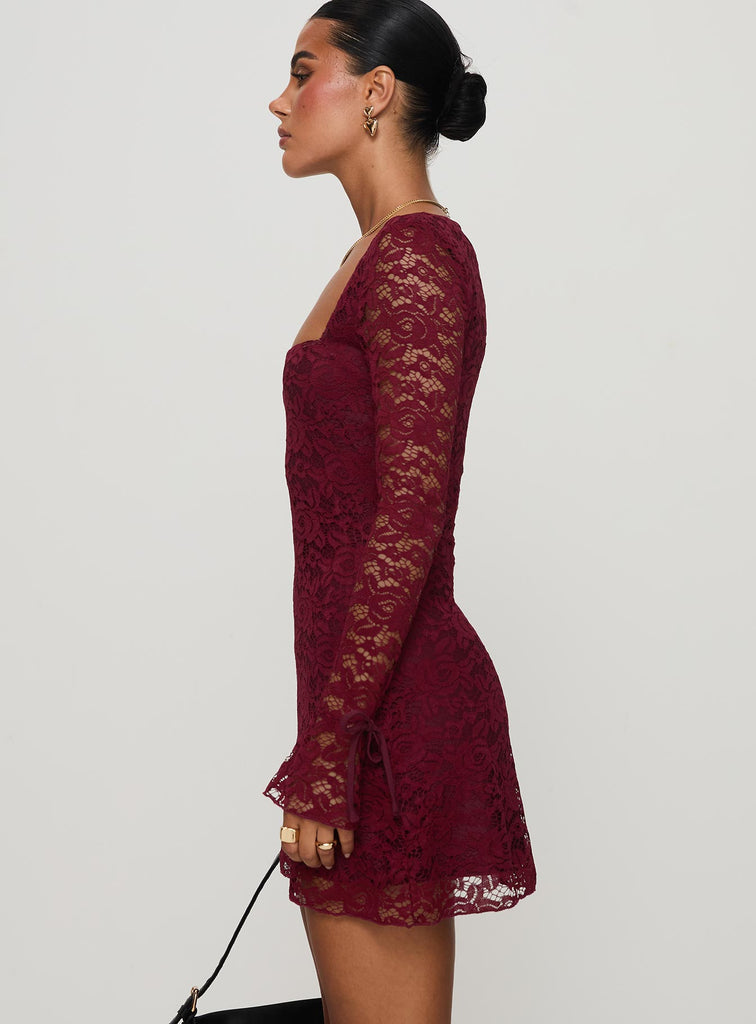 Nicholas Burgundy deals Long Sleeve Lace Mini Dress