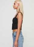 Pinstriped bustier top Cropped fit, hook & eye fastening, adjustable straps Non-stretch material, fully lined 