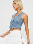 Denim vest top V-neckline, twin front pockets, contrast stitching, silver-toned button fastening down front