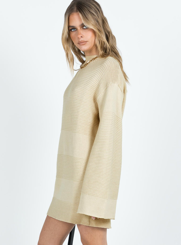 side view of model wearing Princess Polly Cheyenne Knit Sweater Dress Beige High Neck