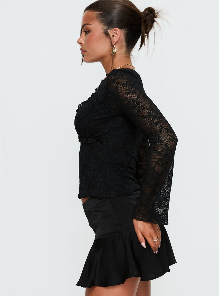 Azira Long Sleeve Frill Detail Top Black | Princess Polly