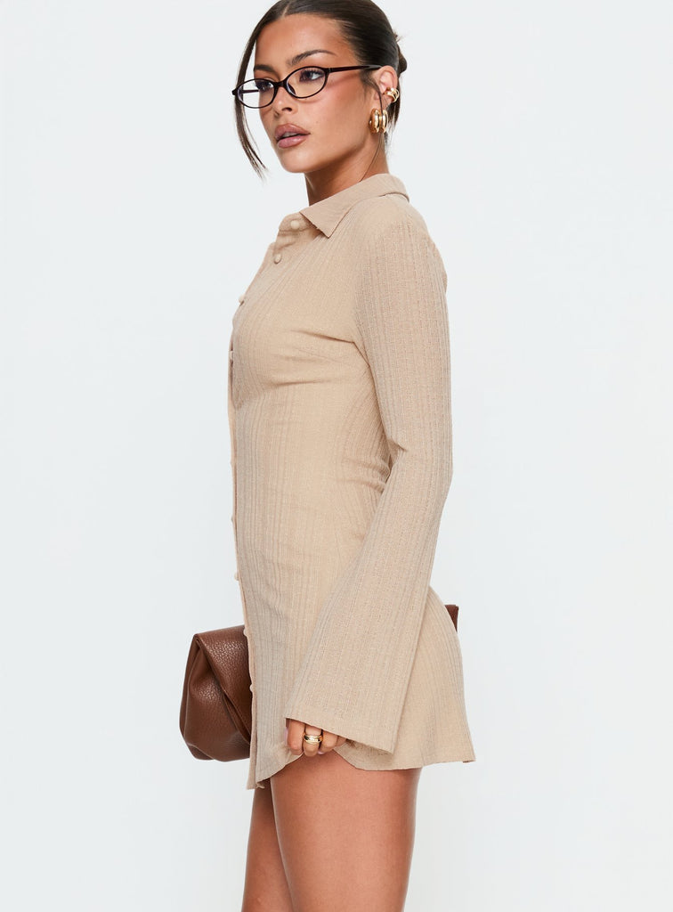 tan shirt dress long sleeve When You Sleep Long Sleeve Mini Dress | Beige | Womens