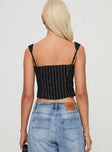 Pinstriped bustier top Cropped fit, hook & eye fastening, adjustable straps Non-stretch material, fully lined 
