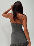 Pinstripe corset top  Laced bust, sweetheart neckline, slim fitting, boning throughout, adjustable straps, invisible zip fastening at back Non-stretch, fully lined 
