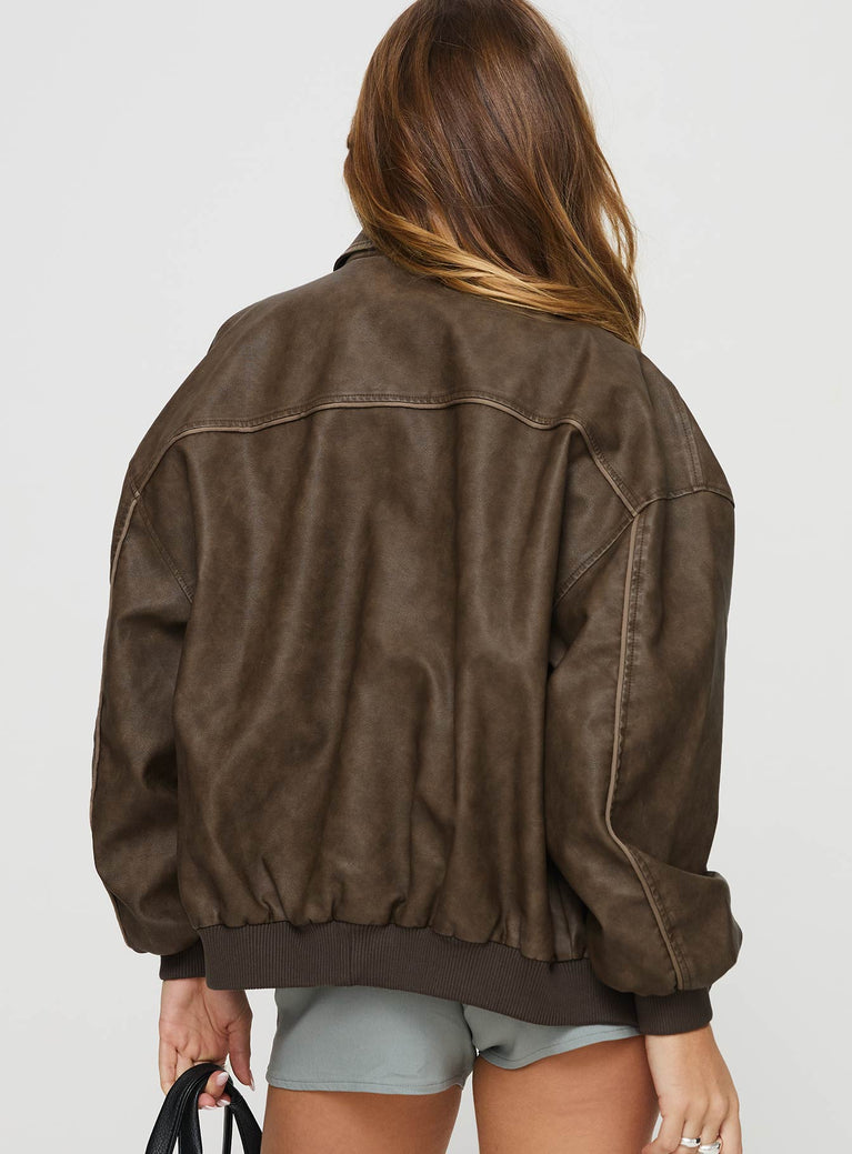 Faux leather bomber jacket Classic collar, ribbed waistband and cuffs, zip front fastening, twin hip pockets Non-stretch, fully lined