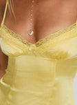 Satin mini dress Adjustable shoulder straps, v-neckline, lace trim, invisible zip fastening down back Non-stretch material, lined bust