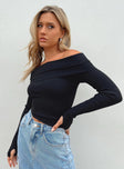 Front view of model wearing front Morley Off Shoulder Sweater Black Princess Polly Cropped