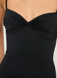 Black mini dress Adjustable straps, v neckline, gather detail on bust