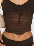 Brown two piece set Crop top, adjustable shoulder straps, tie detail at bust