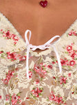 Top Lace material Floral print Elasticated shoulder straps V neckline Bow detail at bust Good stretch Lined bust