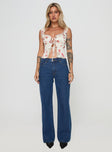 Floral crop top Fixed shoulder straps, lace trim, tie fastening at bust, split hem Non-stretch material, fully lined 