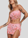 Matching set Mesh material, floral print, strapless style, inner silicone strip at bust, elasticated waist, split in hem Good stretch, fully lined  Princess Polly Lower Impact 