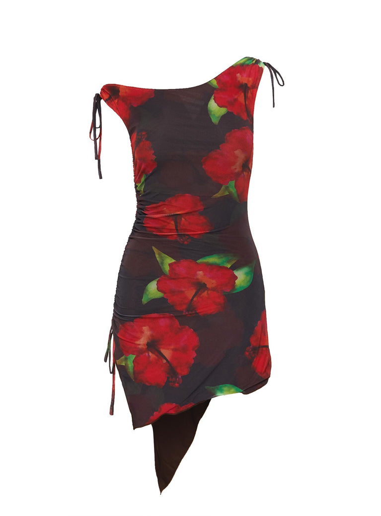 back view of model wearing Princess Polly Harmonie One Shoulder Mini Dress Brown / Red Asymmetric Neckline