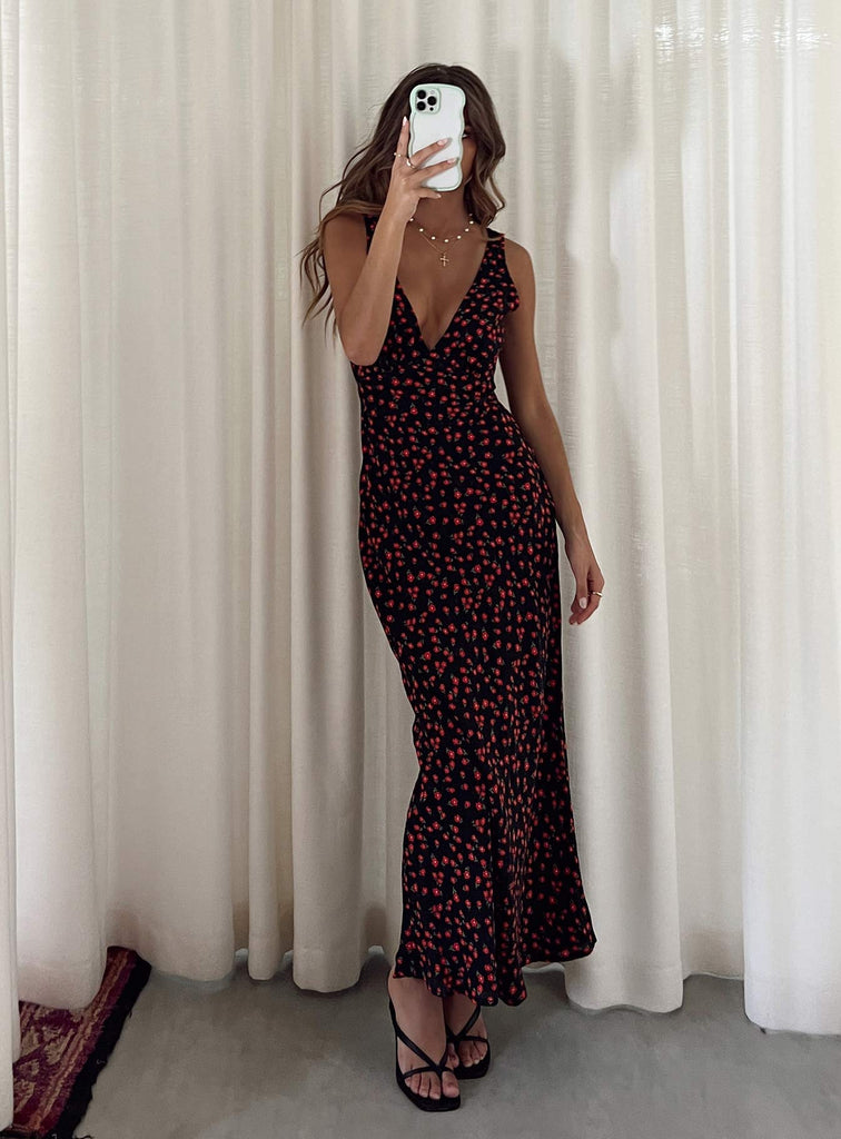 Red and black floral maxi dress Clearance