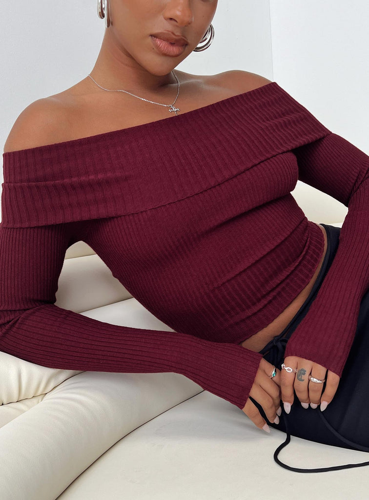 Morley Off Shoulder Sweater S | M | Burgundy | Womens | Princess Polly Lower Impact Morley Off Shoulder Sweater S | M | Burgundy | Womens | Princess Polly Lower Impact
