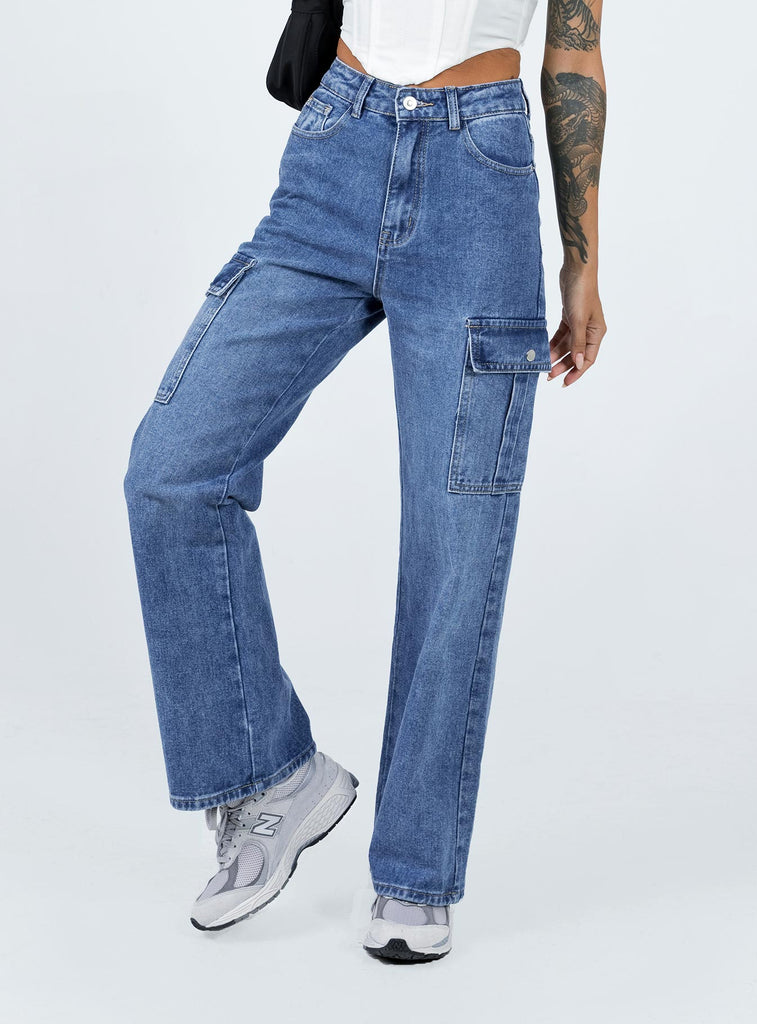 Pimaga Wide Leg Cargo Jeans Light Wash Denim