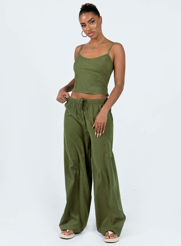 Two piece set Cupro material Adjustable shoulder straps on top Wide leg pants Elasticated waistband with tie fastening