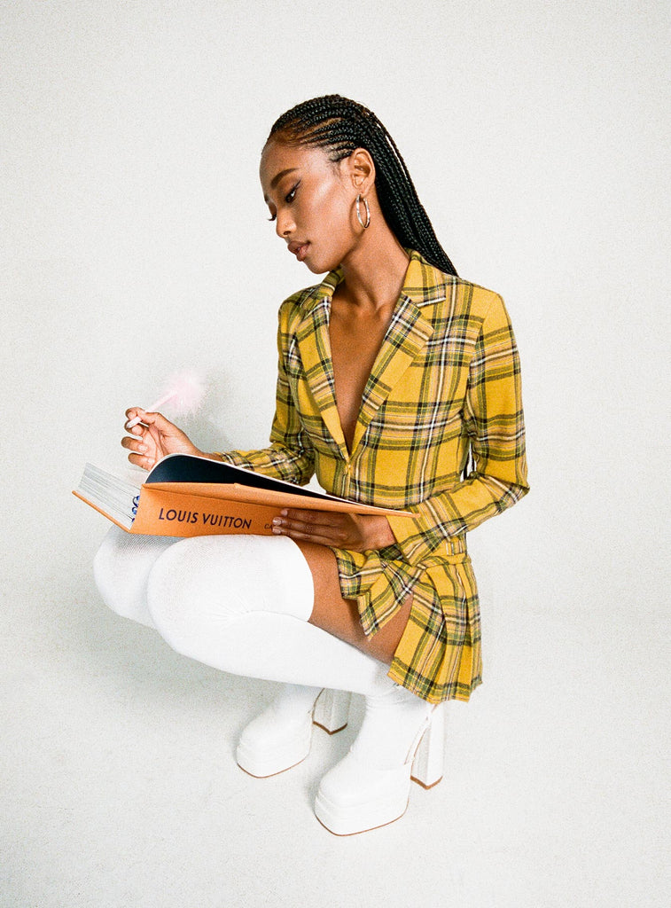 Tartan Plaid Blazer Skirt Set Yellow Plaid Tartan Skirt And Jacket