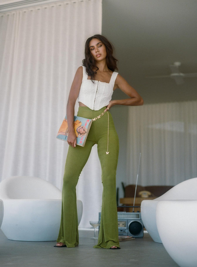 SHEIN Flare Leg Rib-knit Pants  Flared pants outfit, Green flare