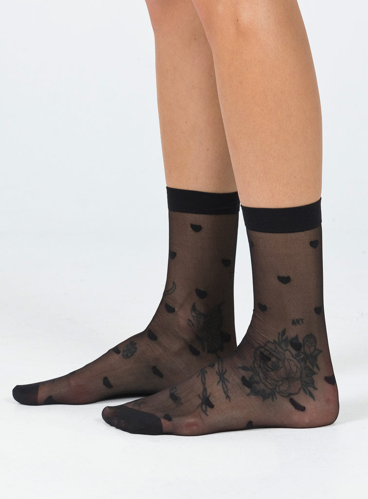 Nicsy Ankle Sheer Socks Black Silky Floral Printed Transparent