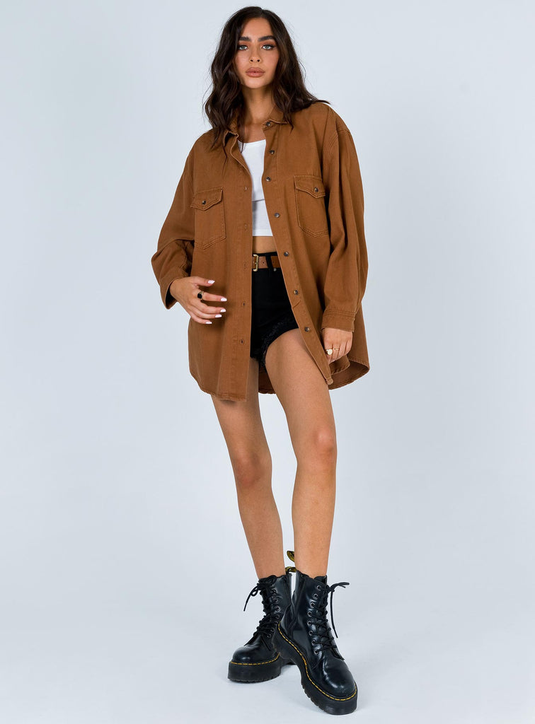 Princess Polly Brown offers Tan Neve Oversized Button Down Pocket Cotton Top 2US