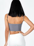 Crop top Pinstripe print  Adjustable shoulder straps  Stitched bust  Hook & eye front fastening 