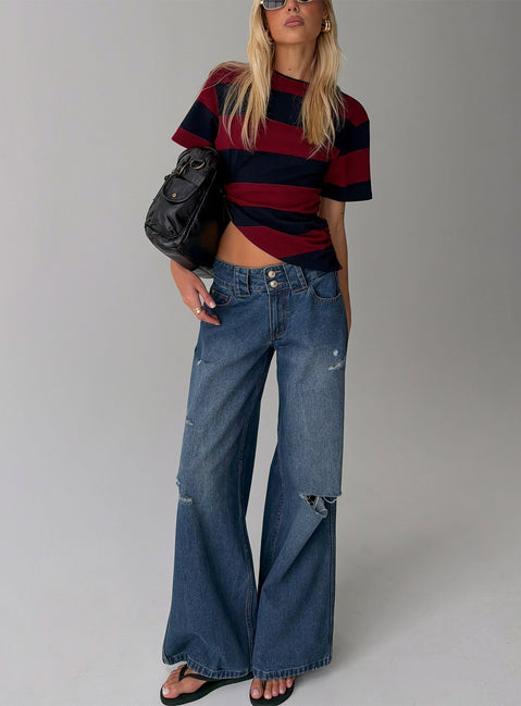 Ramos Low Rise Double Button Distressed Wide Leg Jeans Mid Blue