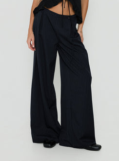 Yuzima Micro Belt Pleated Pants Navy Pinstripe