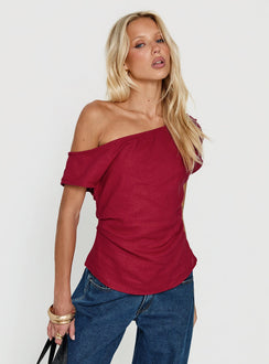Seasons Change Relaxed Off Shoulder Top Burgundy