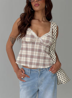 Pretty It Up Tie Detail Top Beige Check